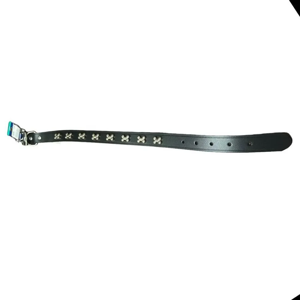 Top Paw Bone Studded Black Leather Dog‎ Collar Size Medium 14-18 in